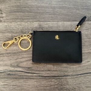 Lauren Ralph Lauren Black Full Grain Leather Key Ring Small Zip Card Case NWOT